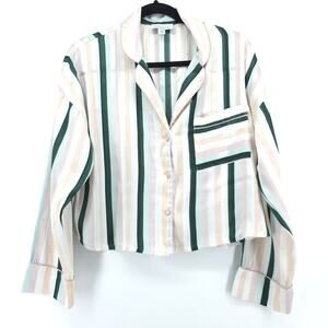 Top Shop Cropped Satin Silky Striped Collared Cloth Buttons Long Sleeve Pocket S